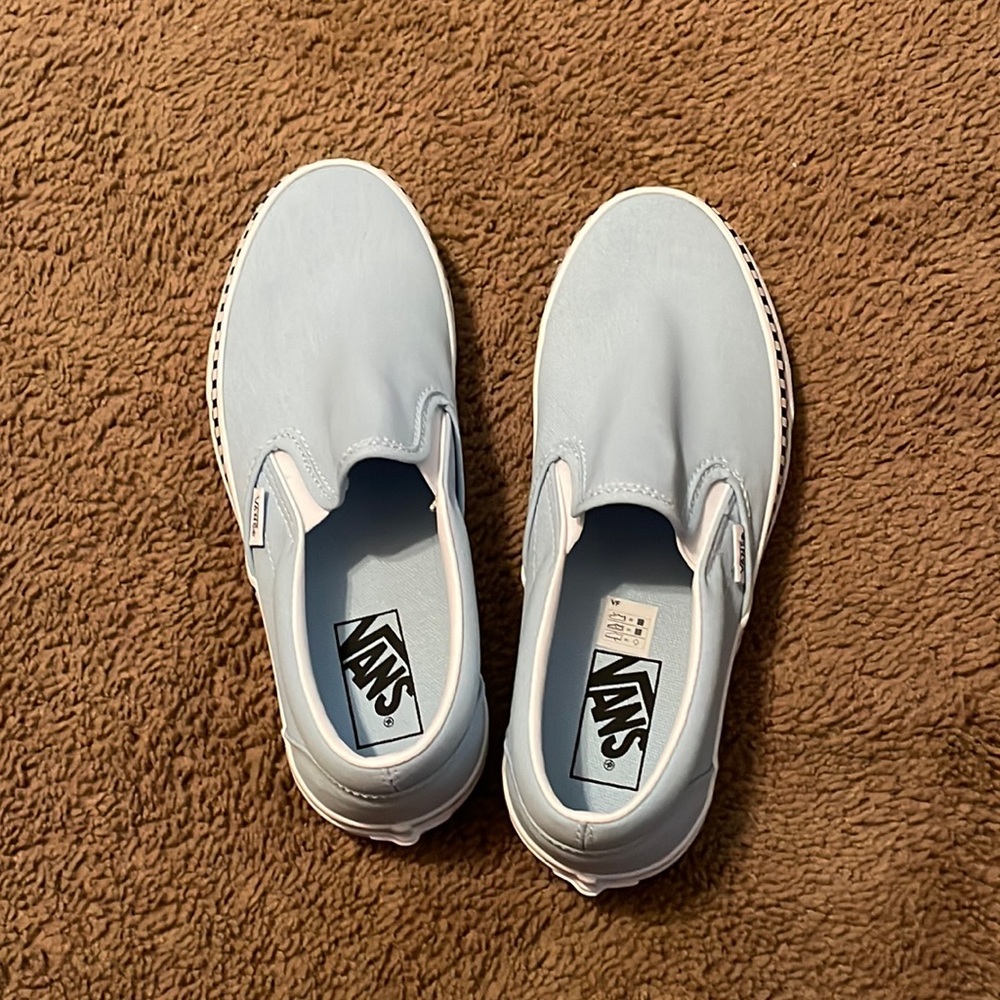 Blue checkered slip on vans